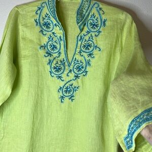 KEYLIME PINK Linen Tunic Top L Beaded Embroidery Chartreuse Lagenlook Boho Artsy